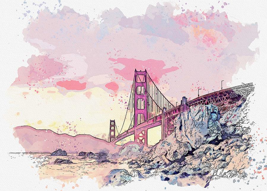 Architecture Painting - Golden Gate Bridge, San Francisco, United States -  watercolor by Adam Asar by Celestial Images