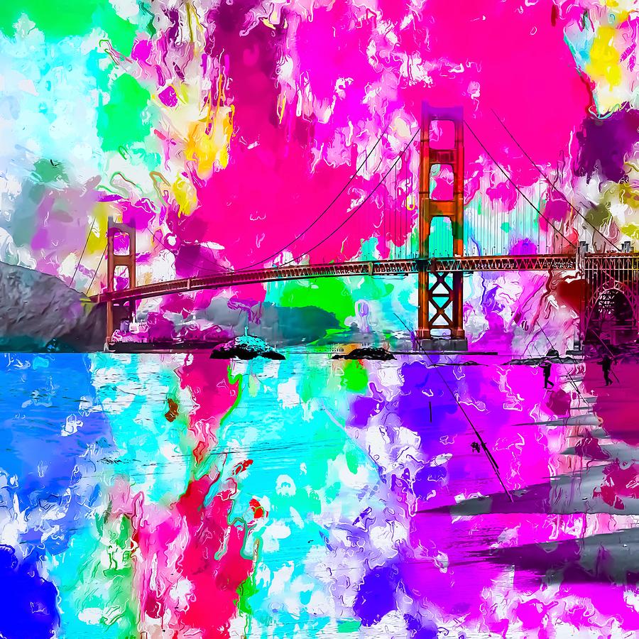Golden Gate Bridge, San Francisco, Usa With Pink Blue Green Purple Painting Abstract Background Mixed Media