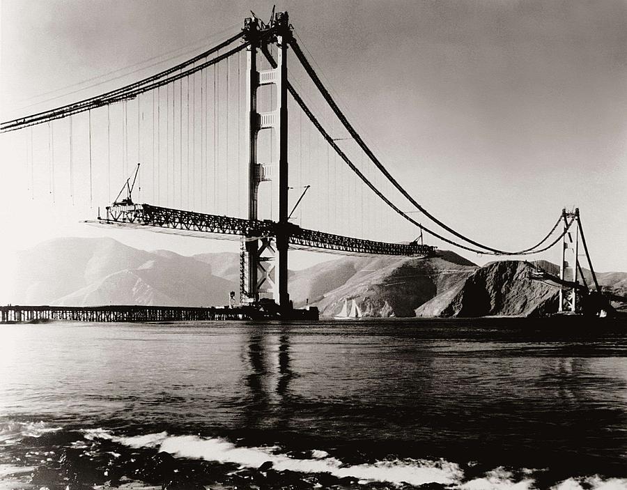 Architecture Painting - Golden Gate Bridge San Francisco vintage photo bridge construction by Celestial Images