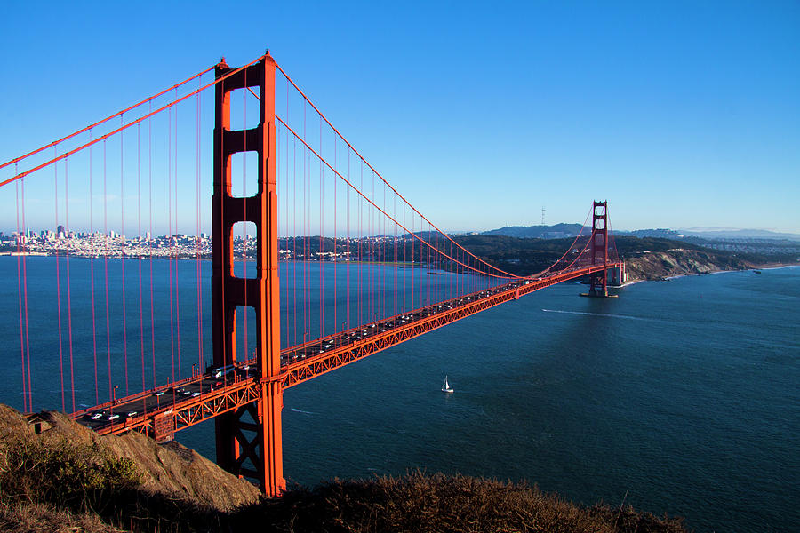 Golden Gate Bridge seen from above in sunshine with blue sky Photograph ...