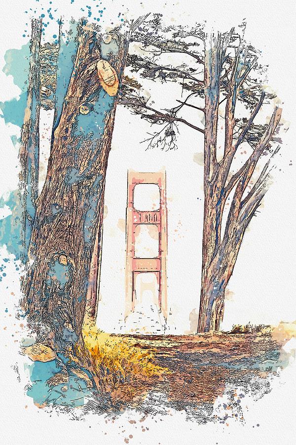 Architecture Painting - Golden Gate Bridge Tunnel View, San Francisco, United States -  watercolor by Adam Asar by Celestial Images