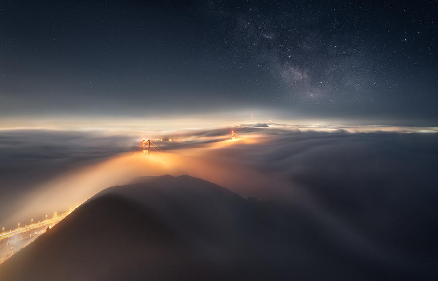 Bridge Photograph - Golden Gate Bridge Under Milky Way by Aidong Ning