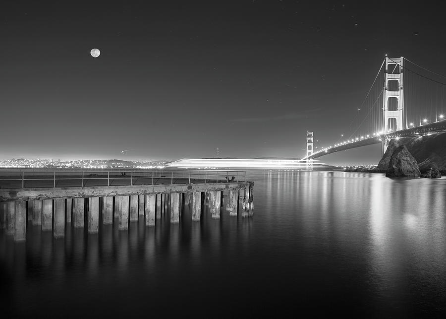 San Francisco Photograph - Golden Gate Pier And Stars Bw by Moises Levy