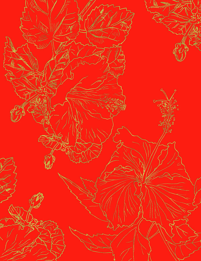 Golden Hibiscus on Red Painting by Masha Batkova