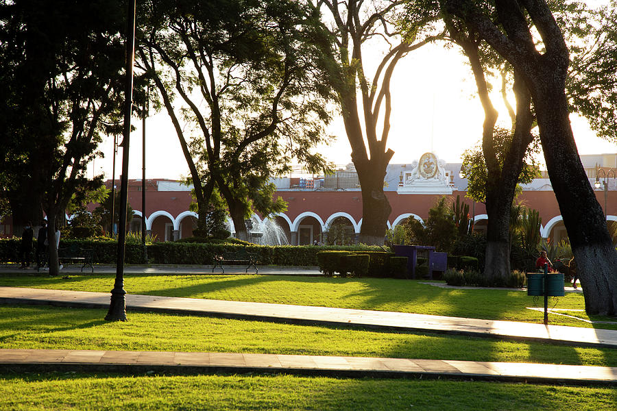 Nature Photograph - Golden Hour Over Green Lawn Of Public Park In Cholula, Mexico by Cavan Images