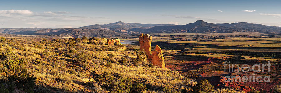 Golden Hour Panorama Of Chimney Rock And Cerro Pedernal From Ghost Ranch Abiquiu New Mexico Photograph