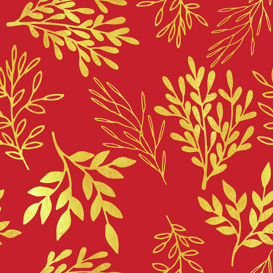 Pattern Digital Art - Golden Leaves On Venetian Red by Tina Lavoie