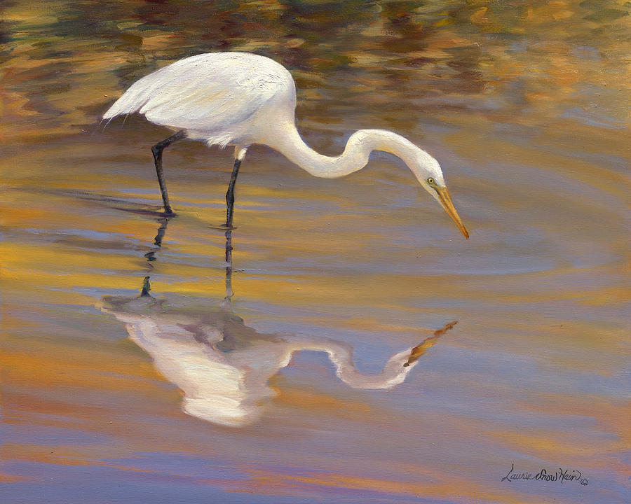 Heron Painting - Golden Morning Reflections by Laurie Snow Hein