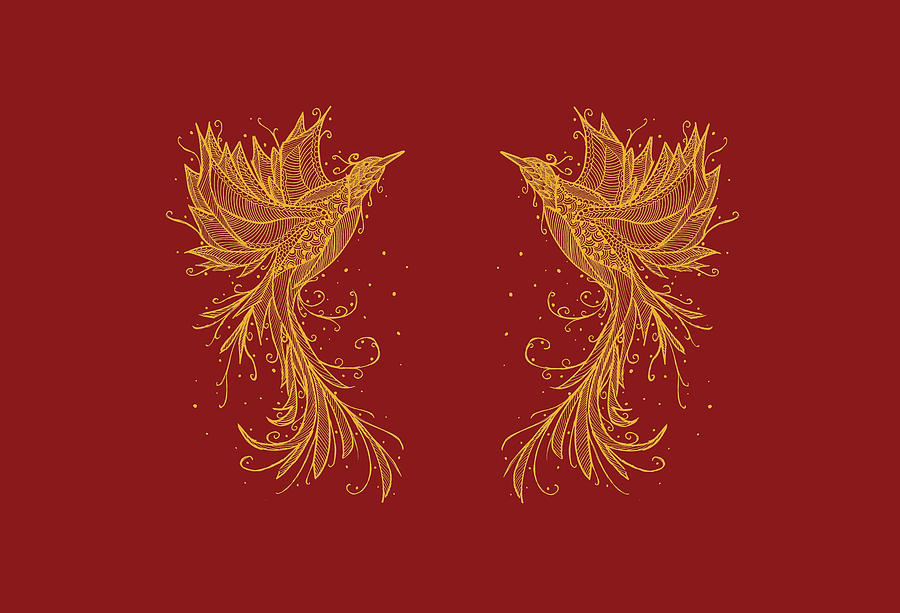 Golden Mixed Media - Golden Phoenix Twins On Red by ZeichenbloQ Golden Mixed Media - Golden Phoenix Twins On Red by ZeichenbloQ