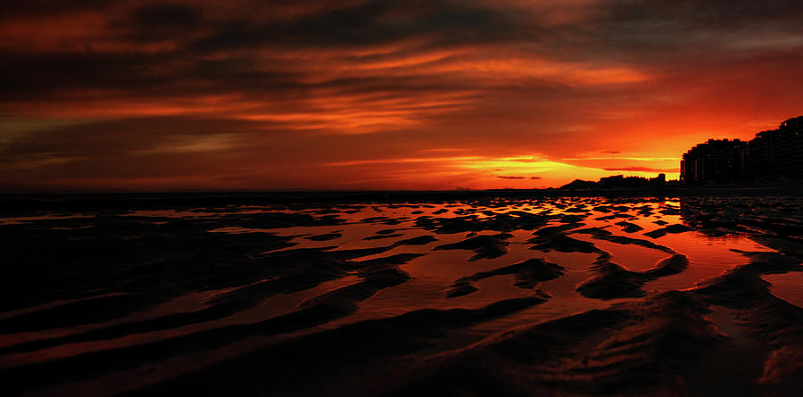 Sunset Photograph - Golden Red Sunset Reflected Along The Beach In Puerto Penasco, Mexico by Cavan Images