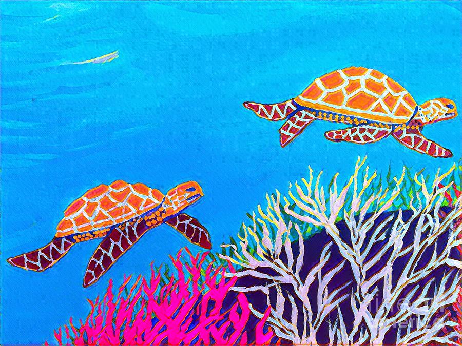 Golden Sea Turtles Painting by Jeffrey Koss