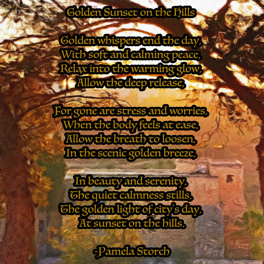 Sunset Digital Art - Golden Sunset on the Hills Poem by Pamela Storch