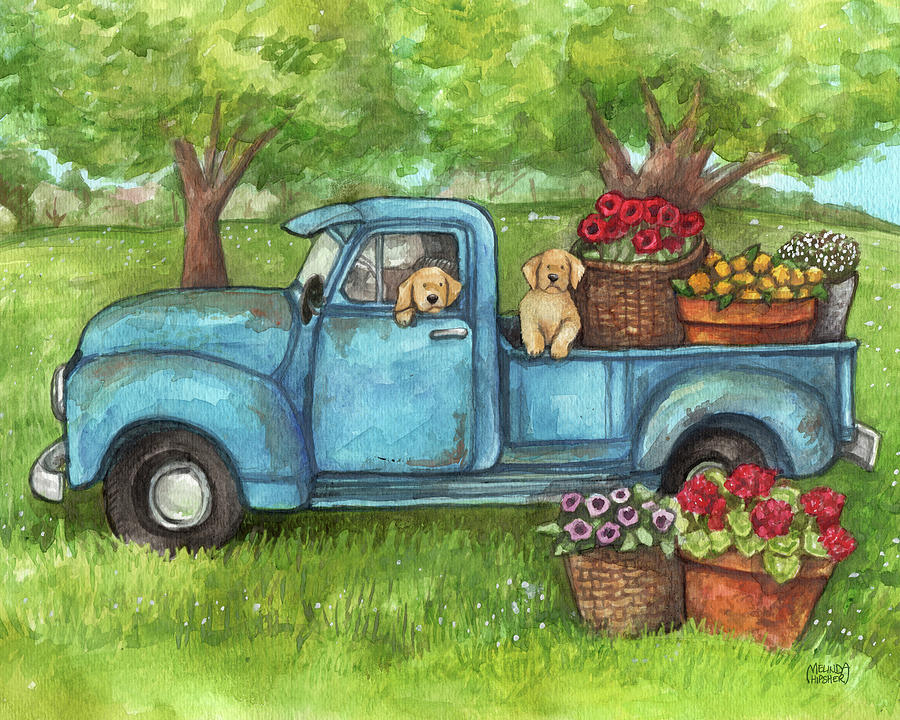 Dog Painting - Goldens In Blue Truck With Flowers by Melinda Hipsher