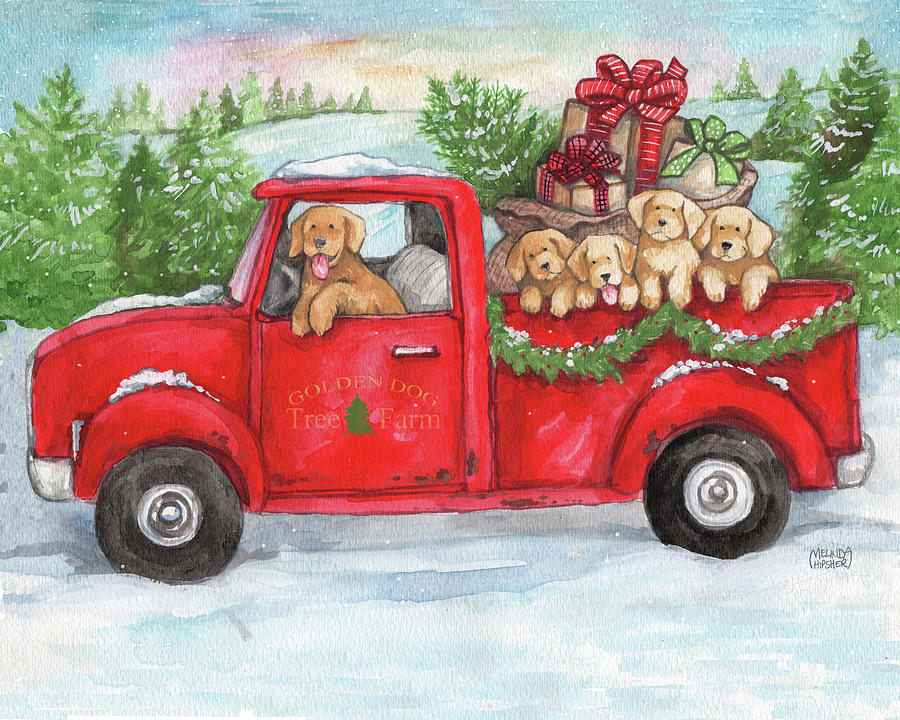 Christmas Painting - Goldens In Truck With Christmas Trees by Melinda Hipsher