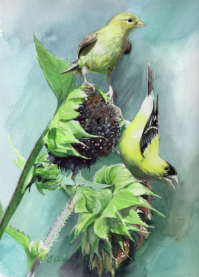 Goldfinches and Sunflowers Painting by Emily Olson