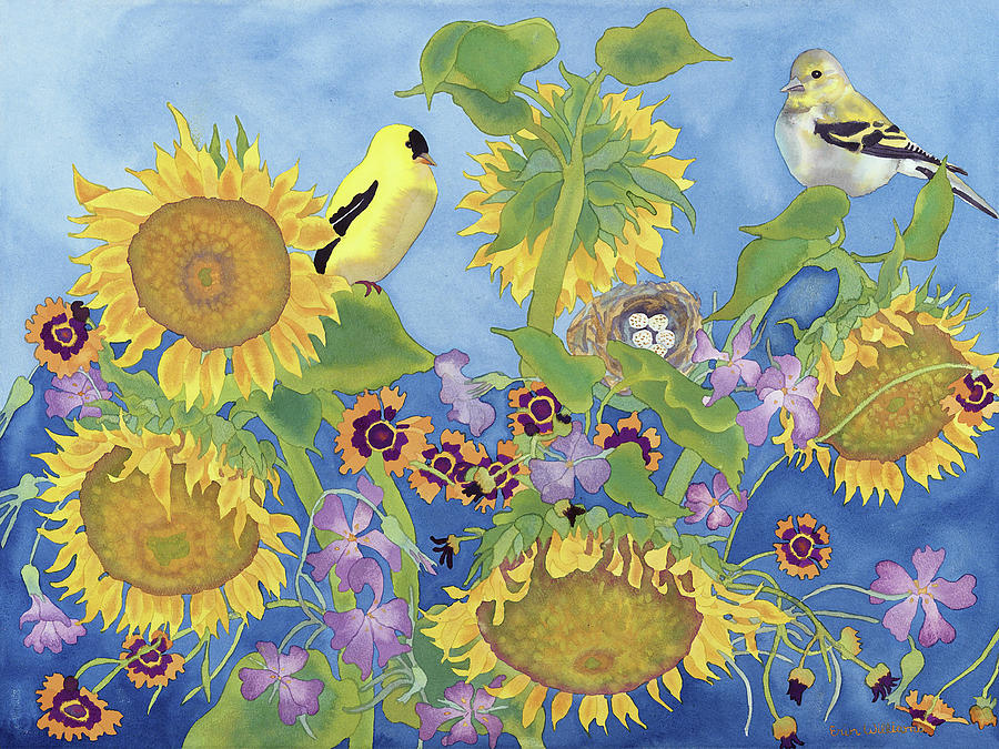 Bird Painting - Goldfinches With Sunflowers by Carissa Luminess