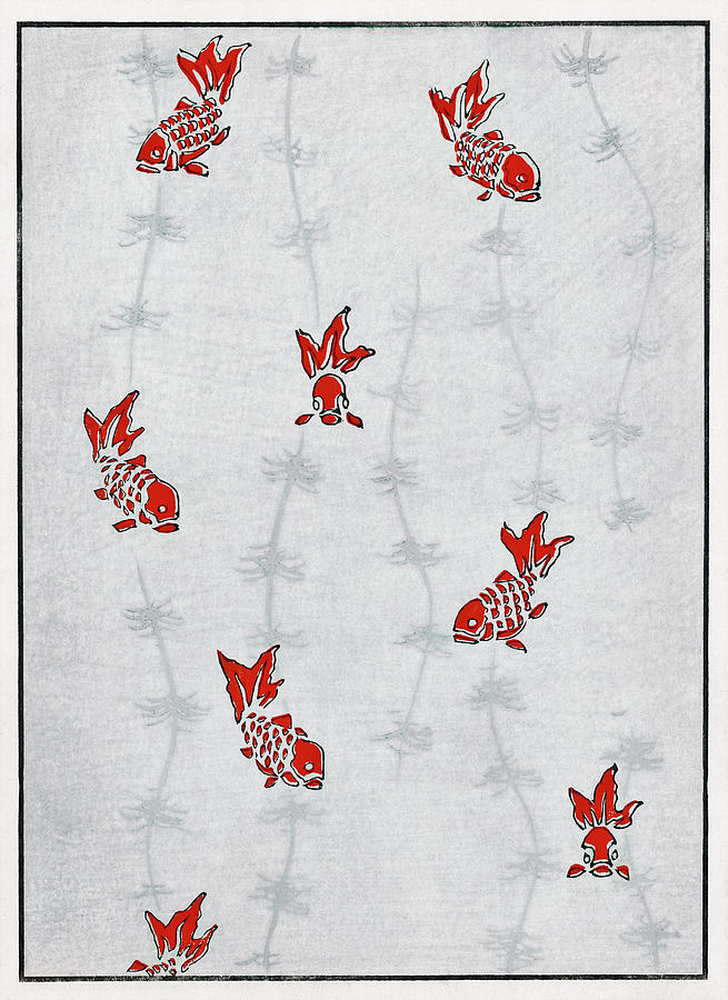 Goldfish and Aquatic plant - Japanese traditional pattern design Painting by Watanabe Seitei