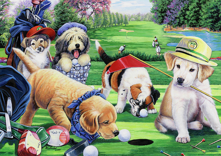 Animals Painting - Golfing Puppies by Jenny Newland