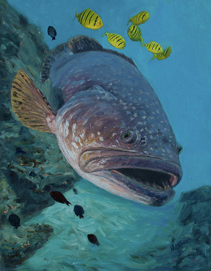 Fish Painting - Goliath Grouper original oil painting marine life fish giant grouper big fish by Manuel Lopez
