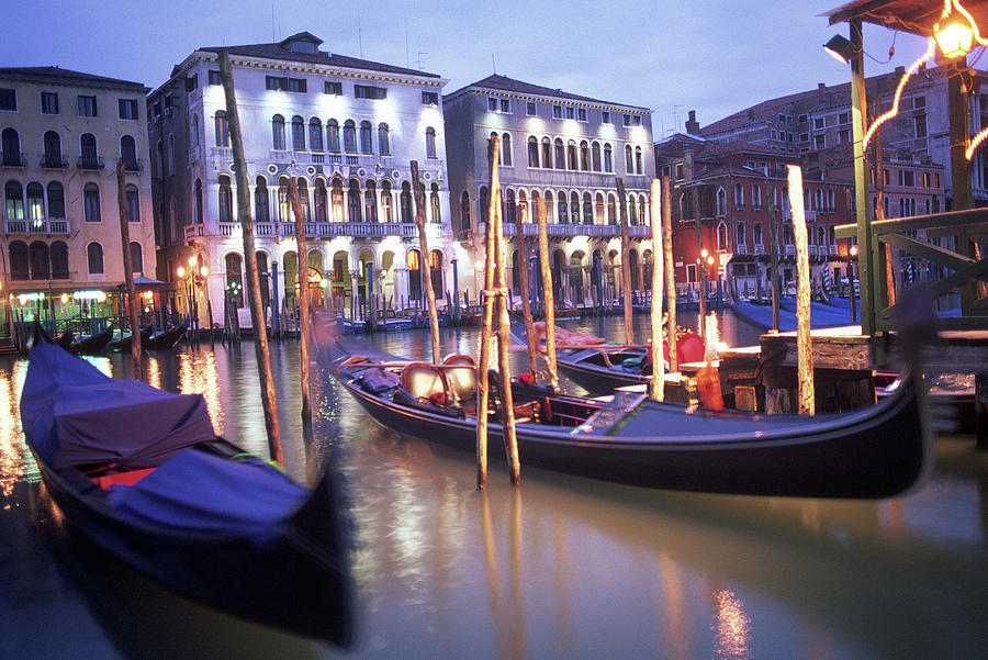 Gondolas At Night, Venice, Italy Photograph by Peter Adams