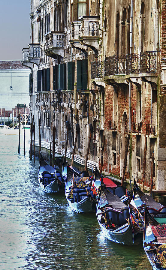 Gondolas In A Row, Venice Italy Photograph by Ary6