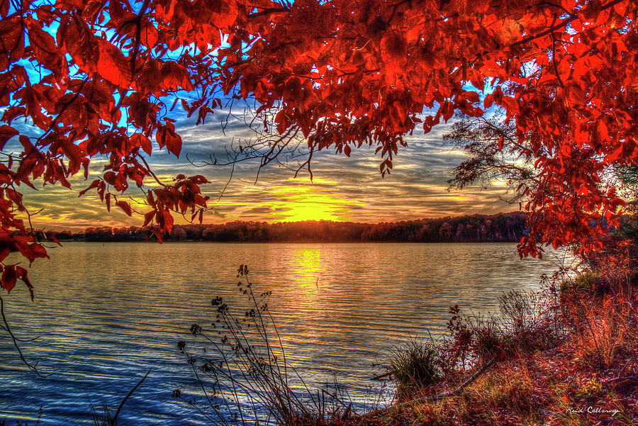 Good Bye Until Tomorrow 2 Fall Leaves Sunset Lake Oconee Georgia Landscape Art Photograph by Reid Callaway