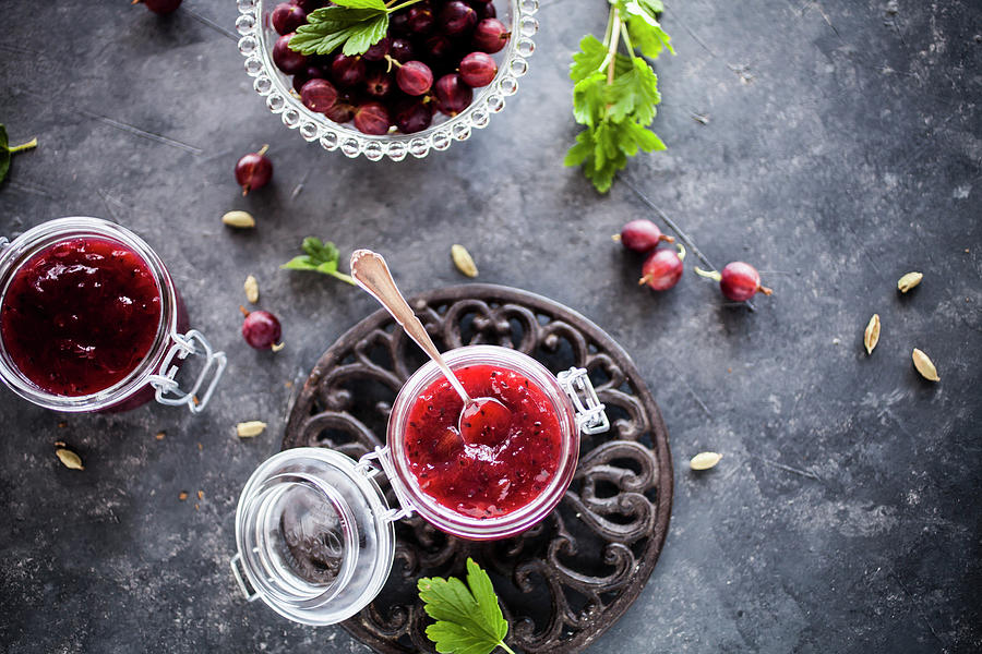 Gooseberry And Rhubarb Jam Spiced With Cardamom And Vanilla Photograph by Kati Finell