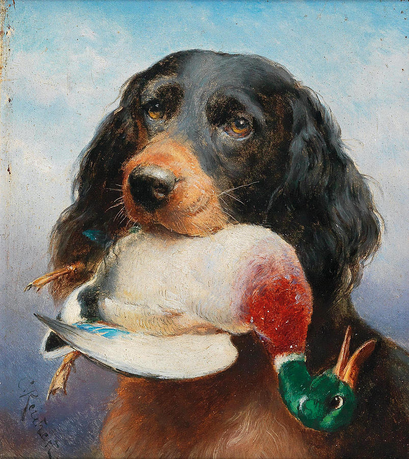 Gordon Setter with Mallard Duck Painting by Carl Reichert