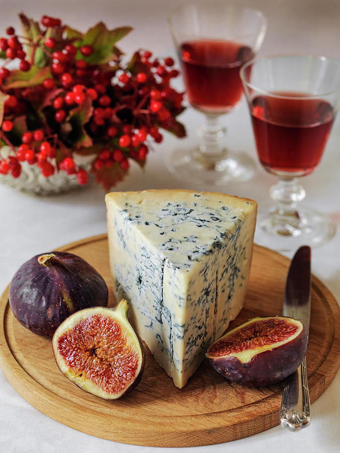 Gorganzola With Fresh Figs On A Wooden Cheese Board Photograph by Michael Paul