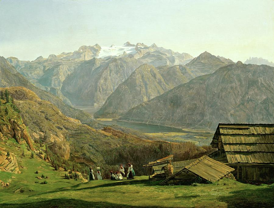 Gosausee und Dachstein-Lake Gosau an the Dachstein Mountains. Painting by Ferdinand Georg Waldmuller -1793-1865-
