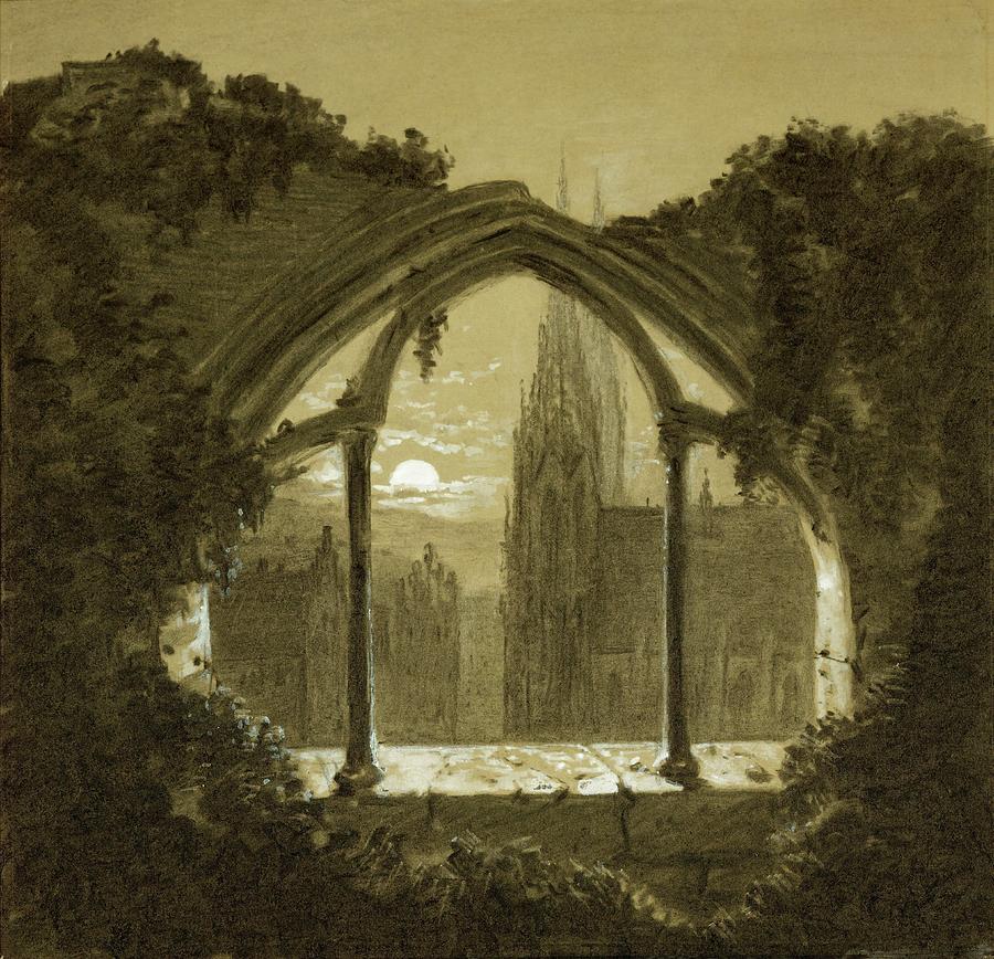 Gothic cathedral seen through ruins of a castle. Black chalk, white wash -around 1852-. Painting by CARL GUSTAV CARUS Carus Carl Gustav physician and painter