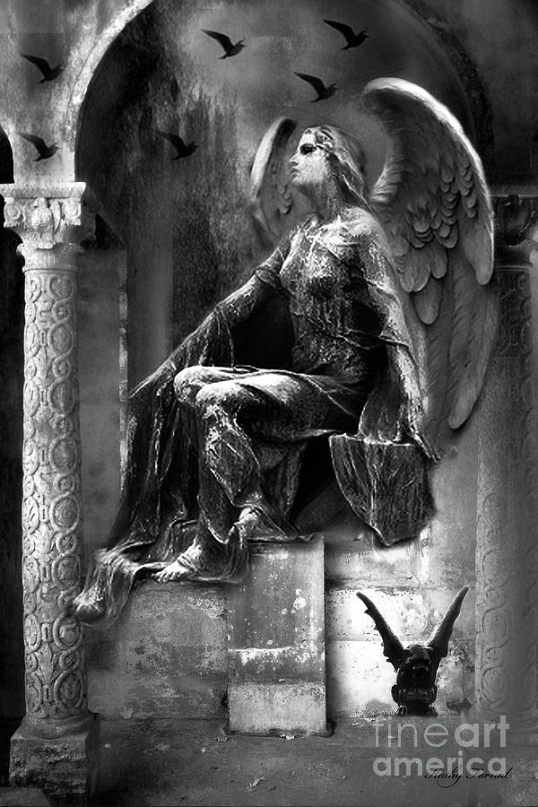 Gothic Dark Angel With Gargoyle Ravens Black and White Photography - Gothic Paris Cemetery Angel Digital Art by Kathy Fornal
