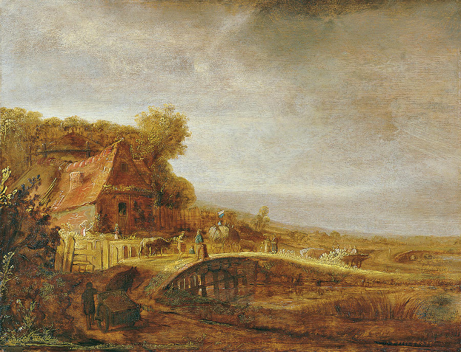 Govert -attributed to- Flinck -Cleve, 1615 - Amsterdam, 1660-. Landscape with a Farm and a Bridge... Painting by Govaert Flinck -c 1615-1660-