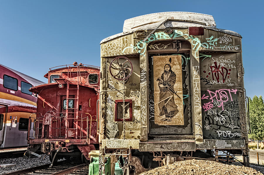 Graffiti on Rail Cars, Santa Fe Train Depot, The Railyard, Santa Fe, New Mexico Photograph by Mark Summerfield