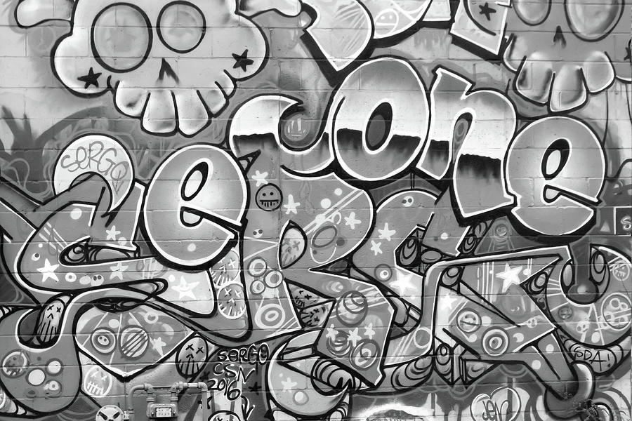 Graffiti Wall Black And White Photograph