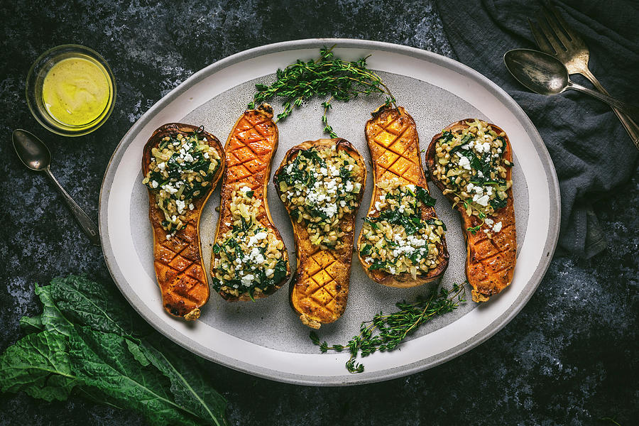 Grain And Kale Stuffed Butternut Squash Photograph by Emily Clifton