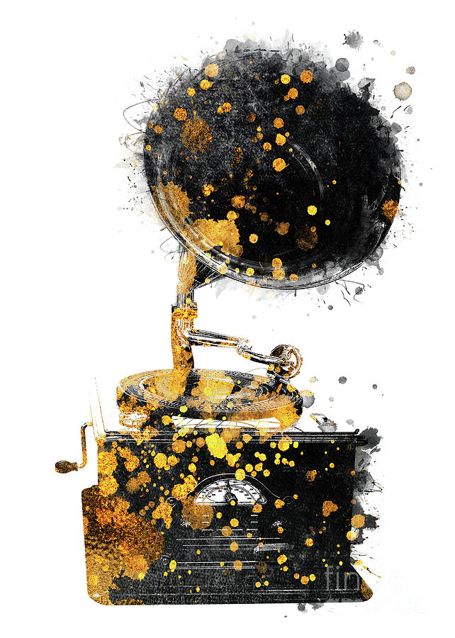 Gramophone music art gold and black Digital Art by Justyna Jaszke JBJart