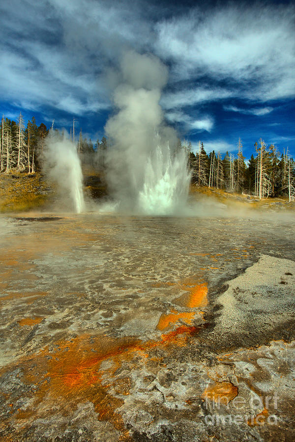 Yellowstone National Park Photograph - Grand And Turban Geyser Eruption Portrait by Adam Jewell