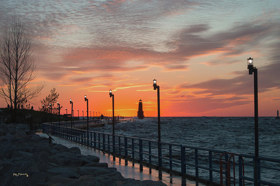 Grand Haven Lighthouse Autumn Sunset Painting by Ken Figurski