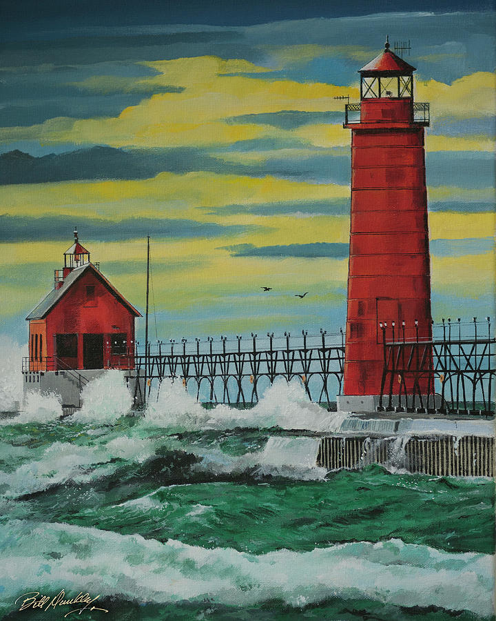Grand Haven Lighthouse Painting by Bill Dunkley
