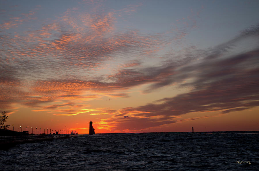 Grand Haven Lighthouse Colorful Sunset In Autumn Photograph by Ken Figurski