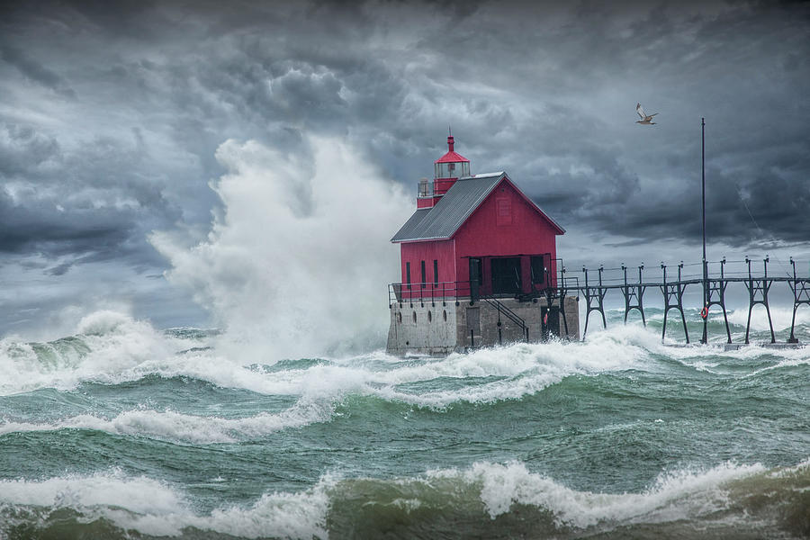Grand Haven Lighthouse on Lake Michigan in a November Storm Photograph by Randall Nyhof