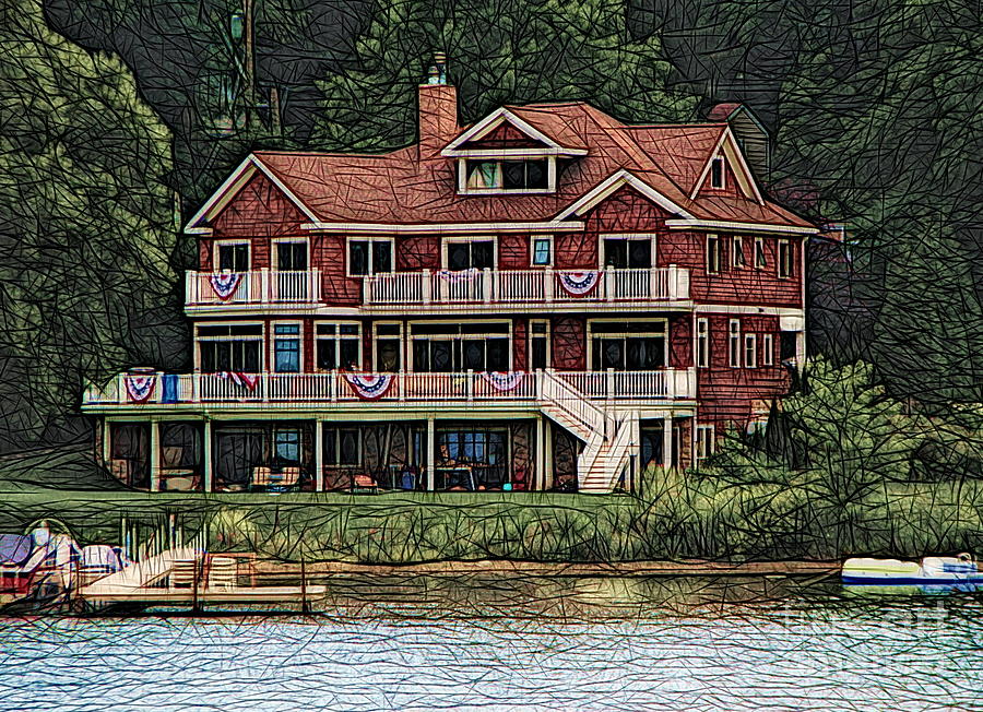 Grand House on Chautauqua Lake NY Abstract Colored Sketch Effect Photograph by Rose Santuci-Sofranko