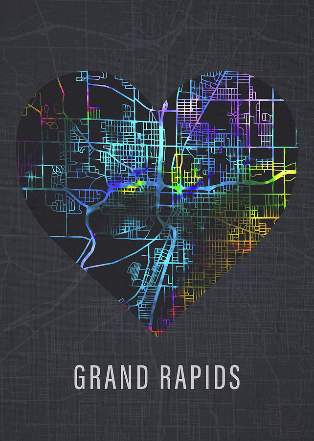 Grand Rapids Mixed Media - Grand Rapids Michigan City Heart Street Map Love Dark Mode by Design Turnpike