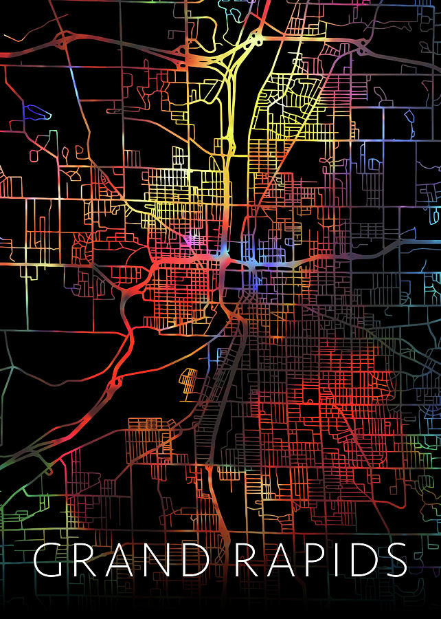 Grand Rapids Michigan Watercolor City Street Map Dark Mode Mixed Media ...