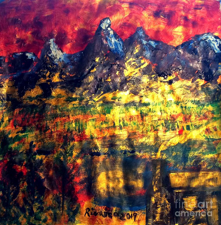 Grand Tetons and Jenny Lake Cabin Painting by Richard W Linford