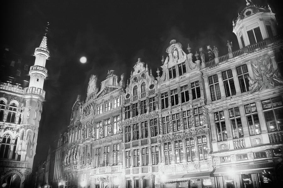 Architecture Photograph - Grandeur of The Grand Place Brussels by Night Black and White by Carol Japp