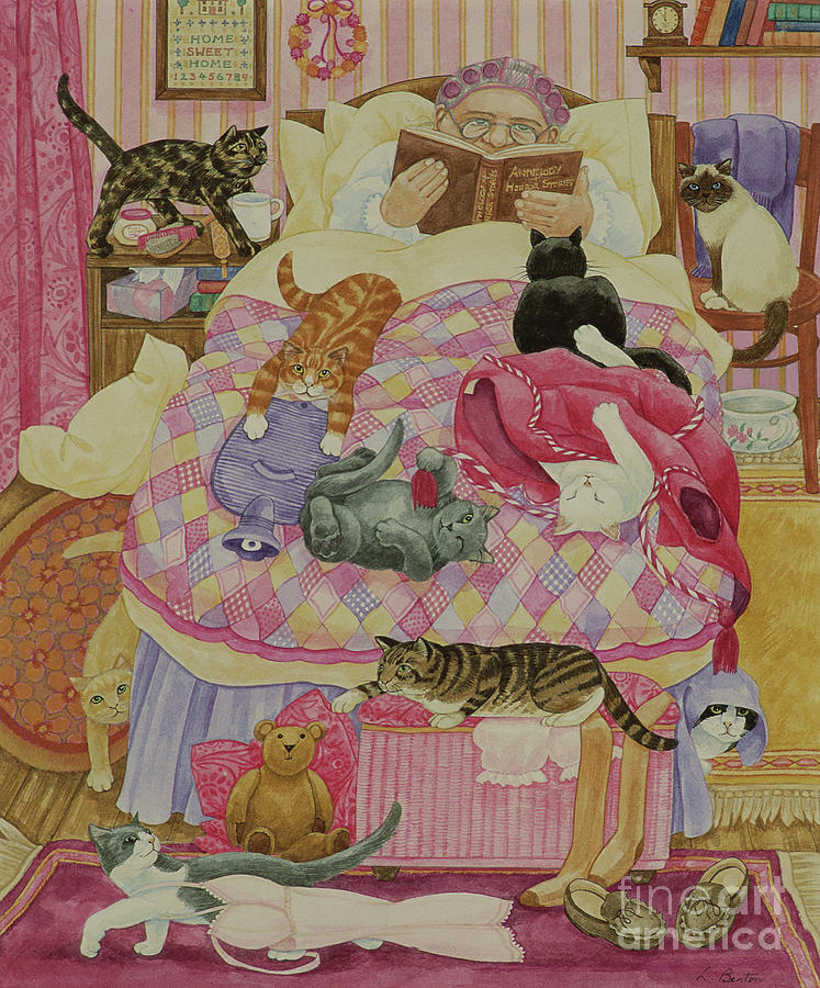 Grandma And 10 Cats In The Bedroom Painting by Linda Benton - Fine Art ...