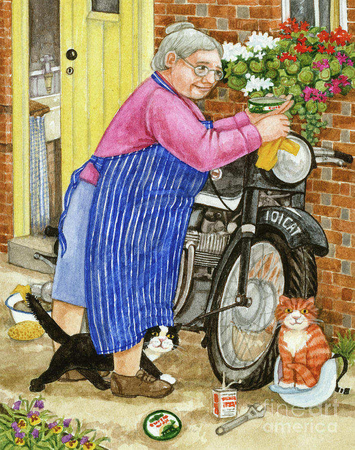 Grandma And 2 Cats And Motorbike Painting by Linda Benton