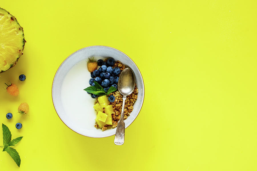 Granola Greek Yogurt Pineapple Blueberry Raspberry Breakfast Bowl And Ingredients Photograph by Yuliya Gontar